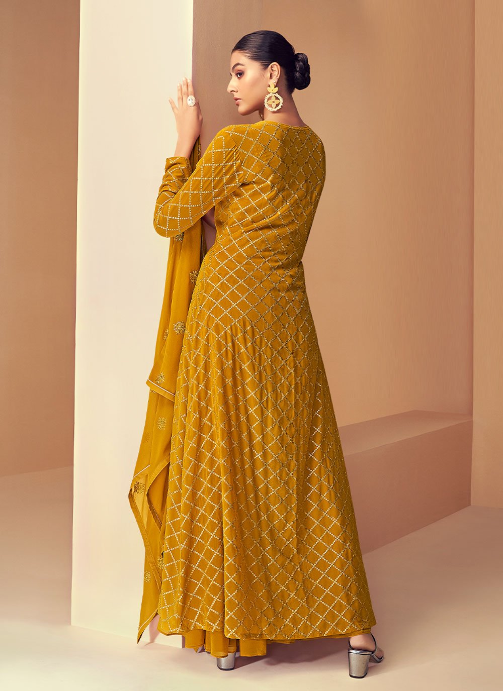 Palazzo Salwar Suit Georgette Mustard Embroidered Salwar Kameez