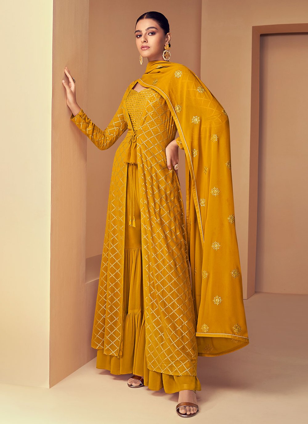 Palazzo Salwar Suit Georgette Mustard Embroidered Salwar Kameez