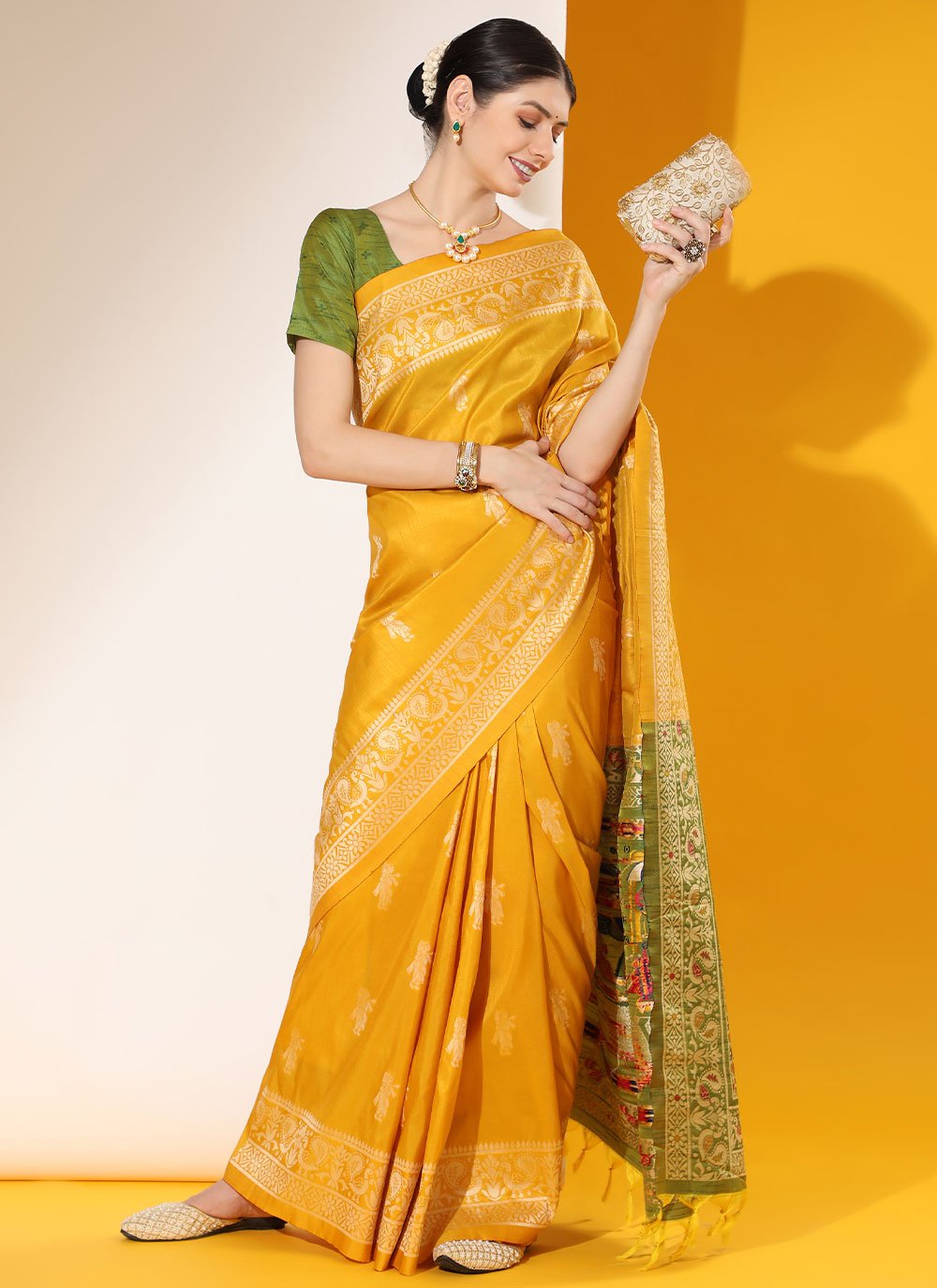 Trendy Saree Handloom Silk Mustard Woven Saree