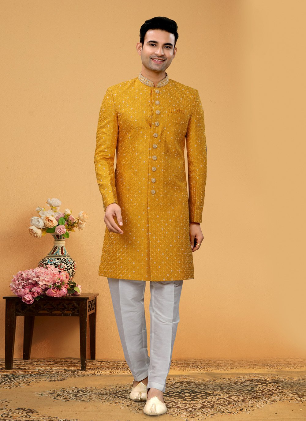 Indo Western Sherwani Fancy Fabric Mustard Hand Work Mens