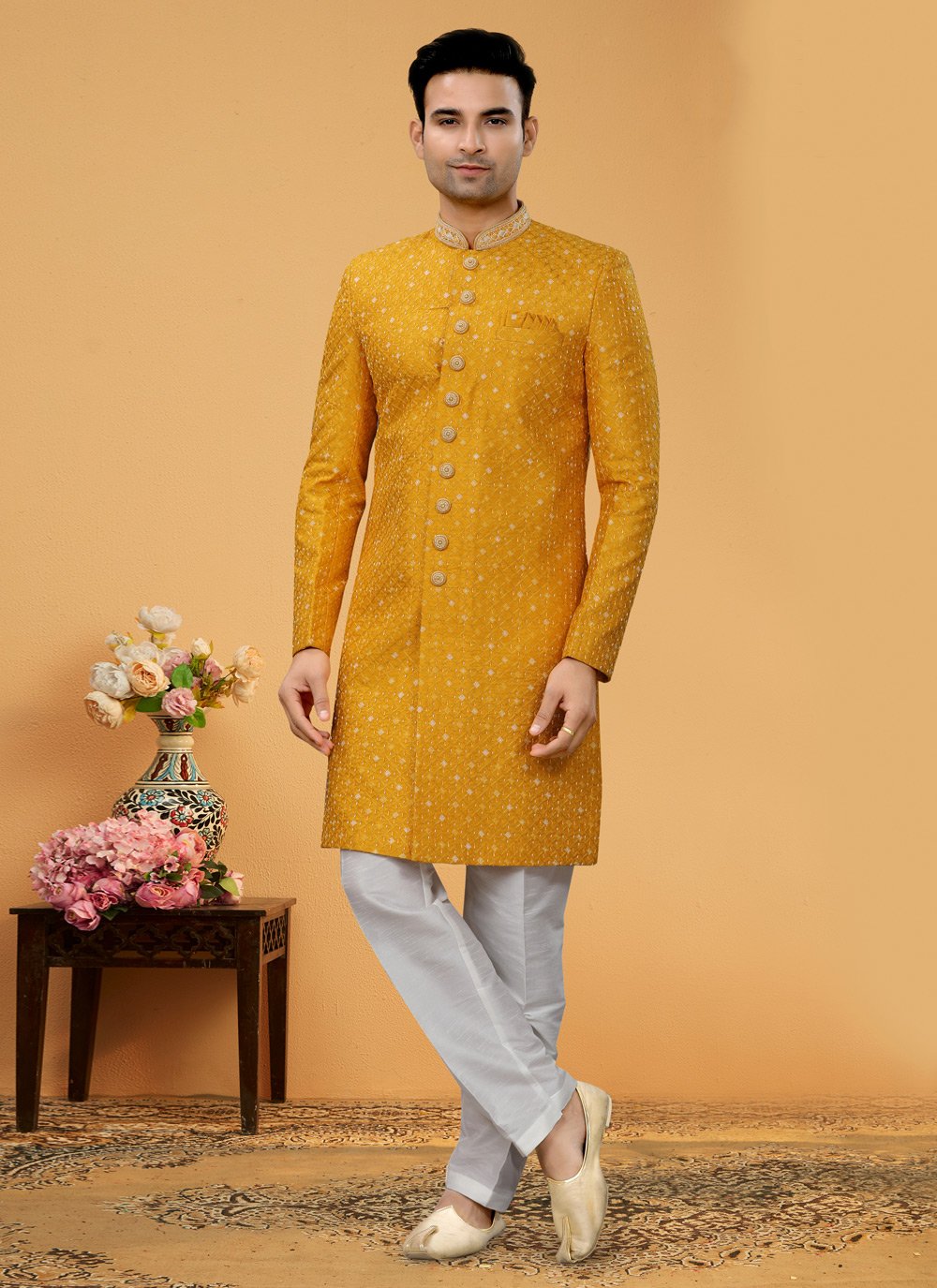 Indo Western Sherwani Fancy Fabric Mustard Hand Work Mens