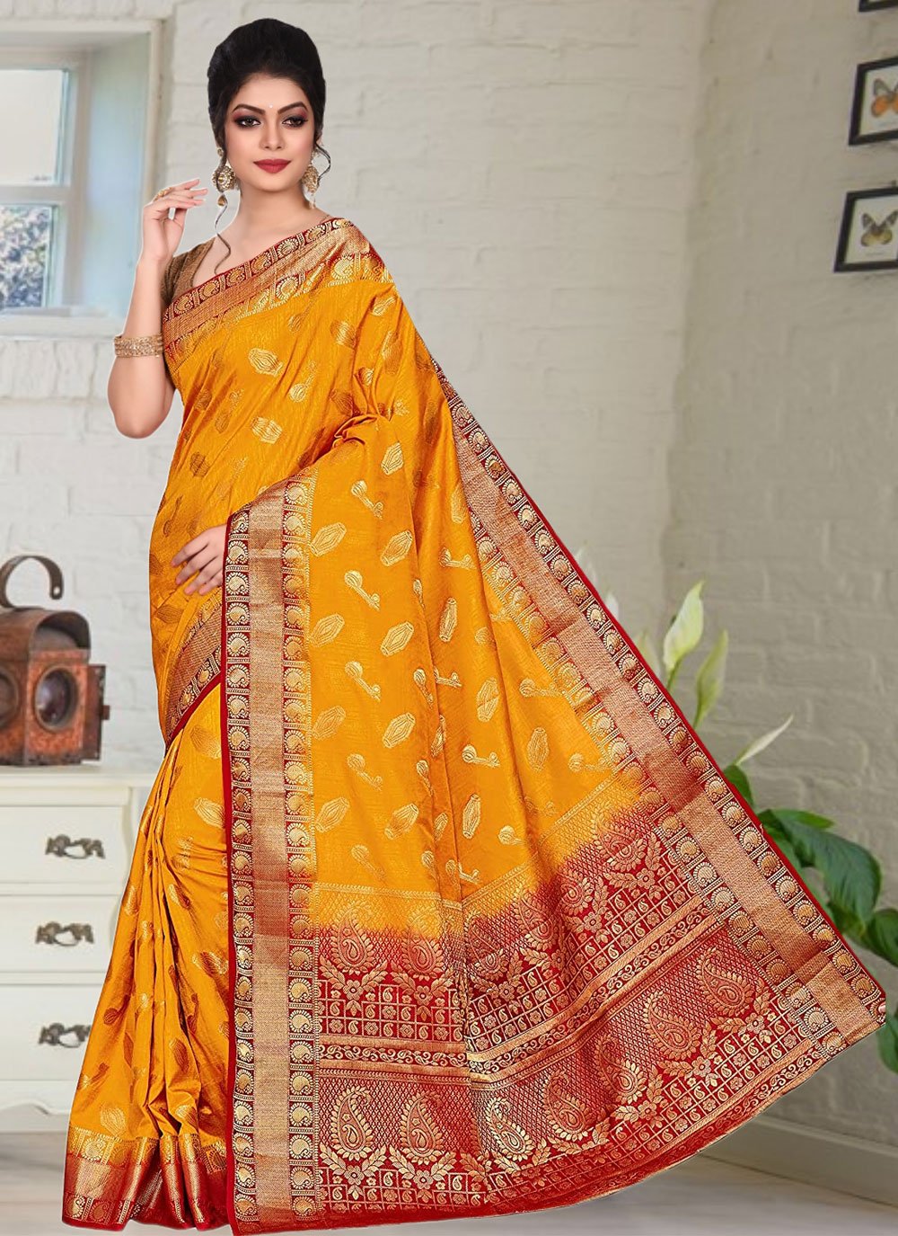 Contemporary Kanjivaram Silk Mustard Hand Work Saree