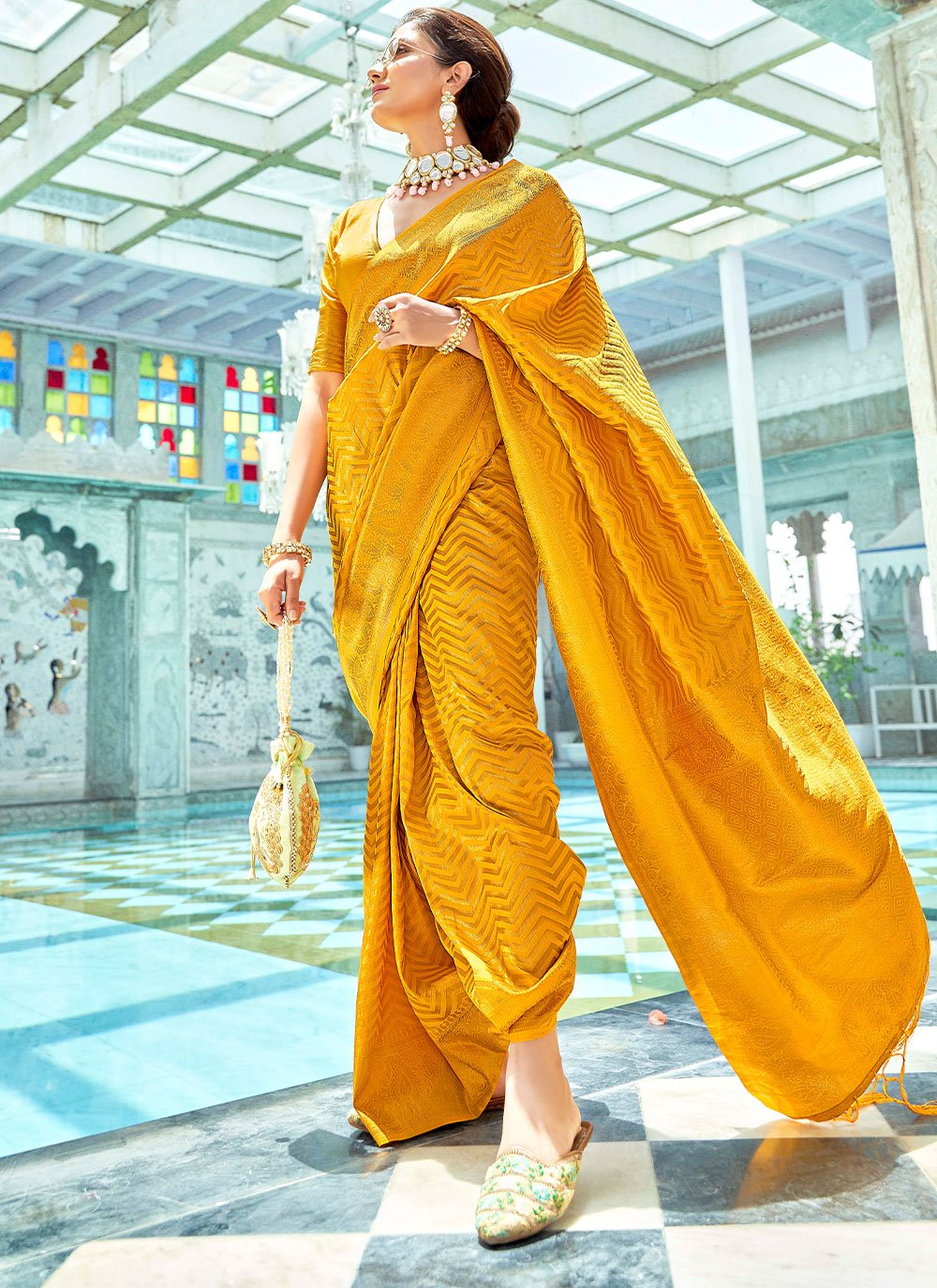 Contemporary Kanjivaram Silk Mustard Woven Saree