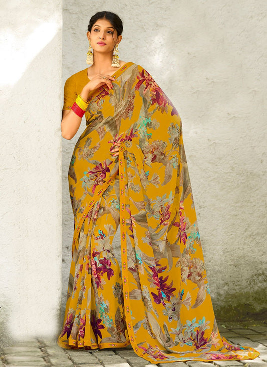 Contemporary Georgette Mustard Lace Saree