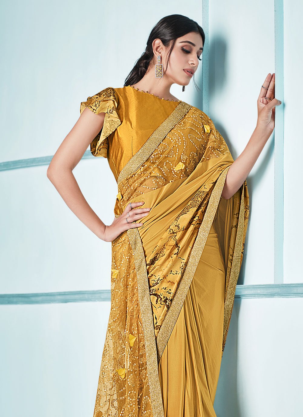 Designer Lycra Mustard Sequins Saree