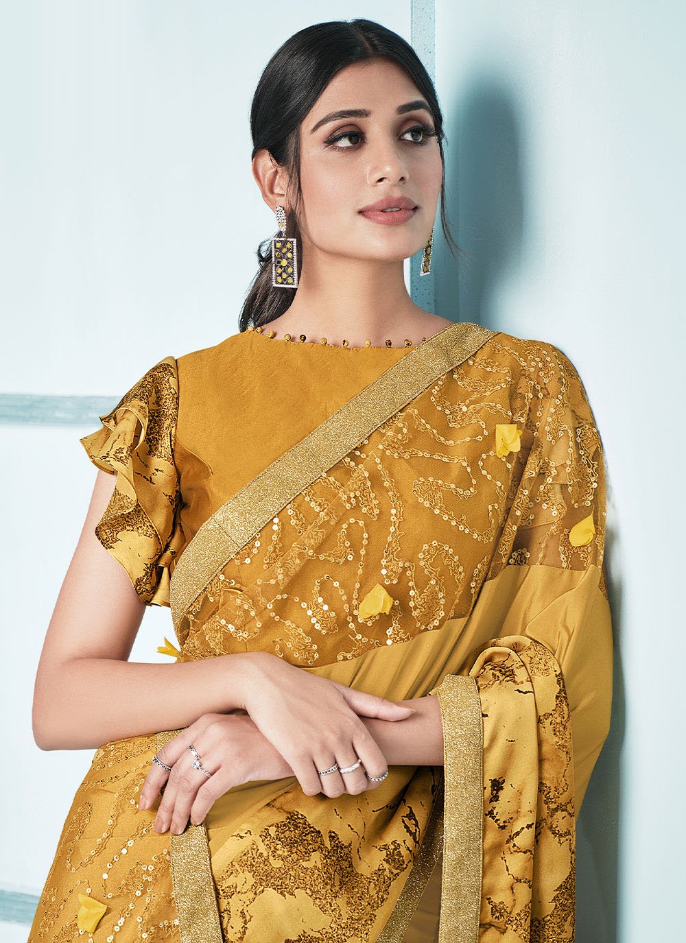 Designer Lycra Mustard Sequins Saree