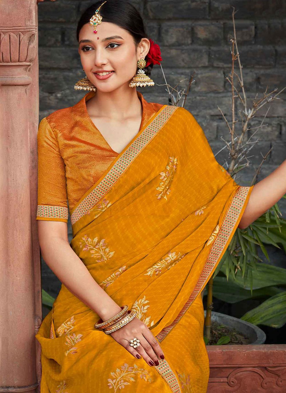 Contemporary Silk Mustard Fancy Work Saree