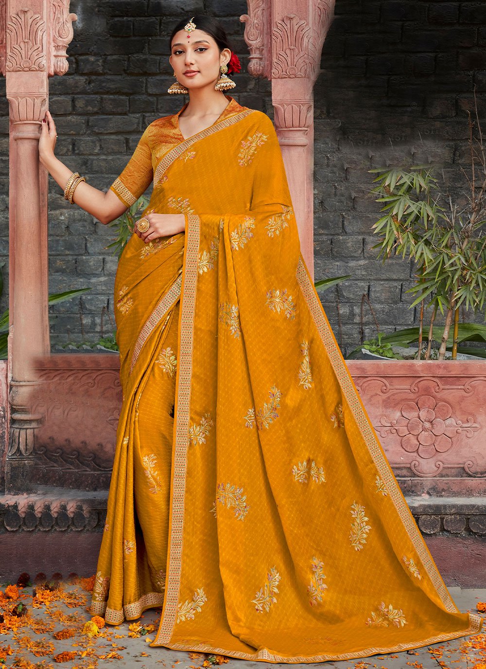 Contemporary Silk Mustard Fancy Work Saree