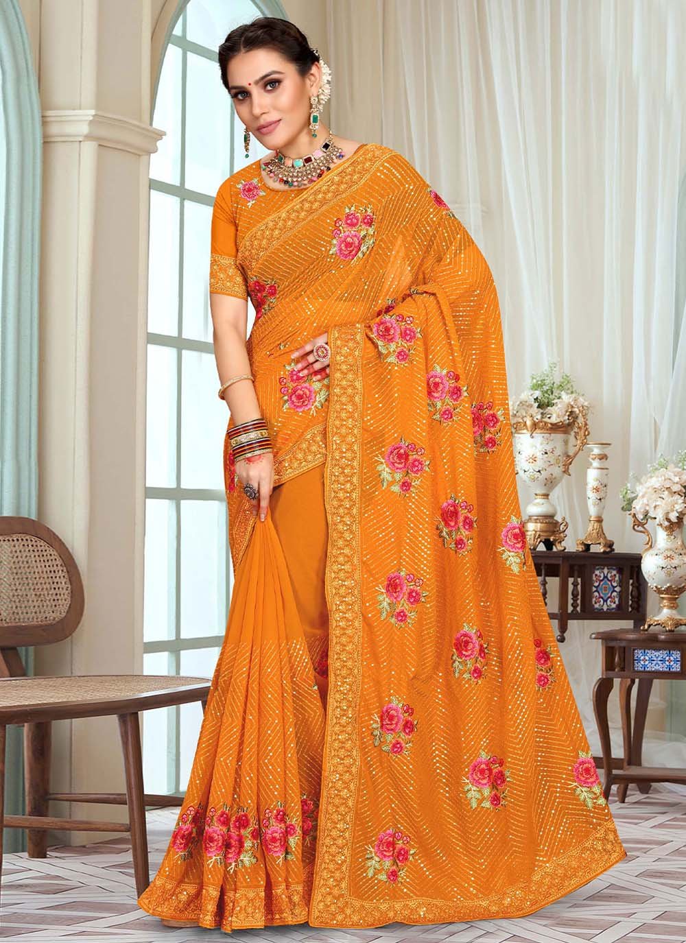 Contemporary Georgette Mustard Embroidered Saree