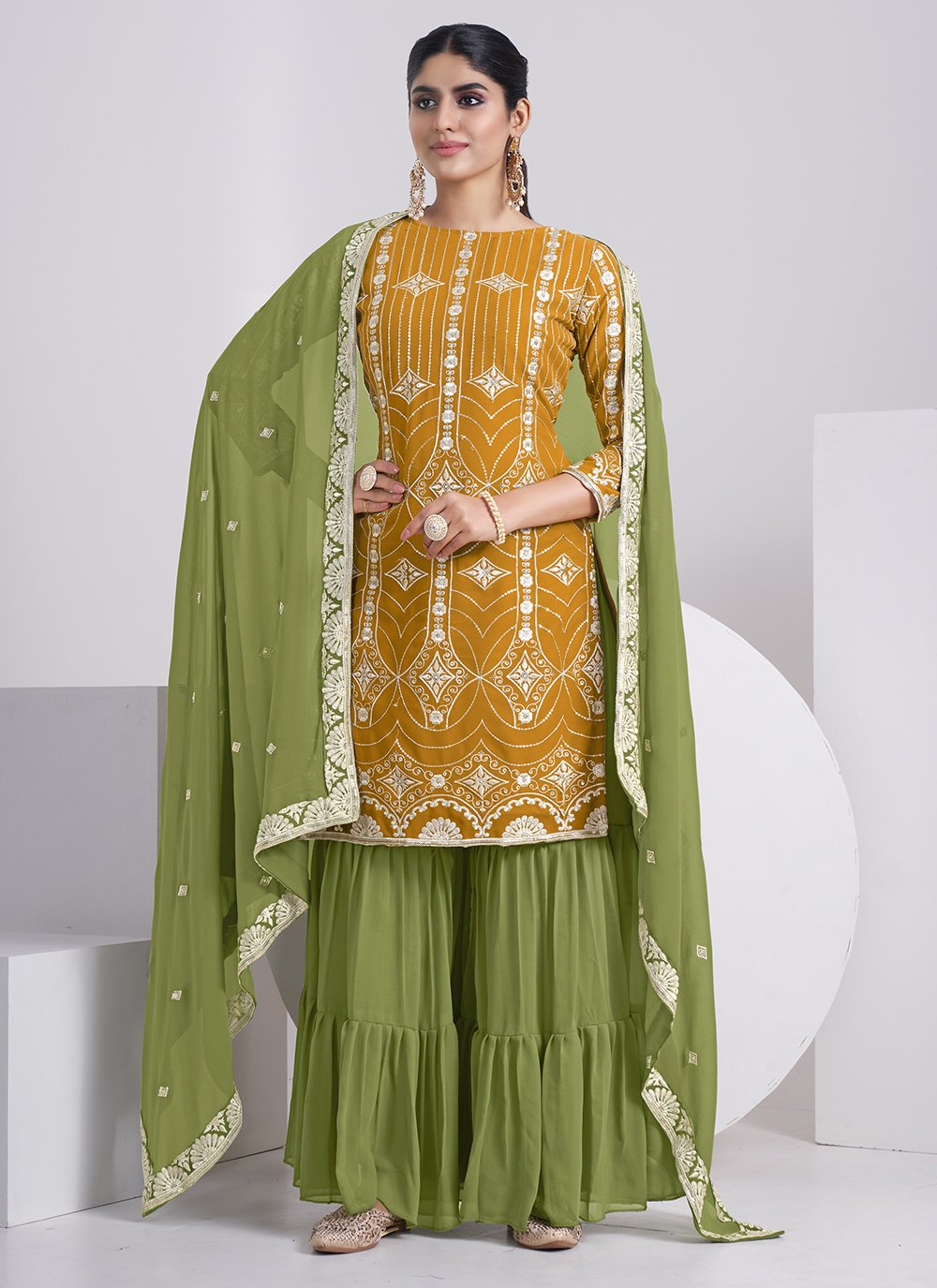 Sharara Set Faux Georgette Mustard Embroidered Salwar Kameez