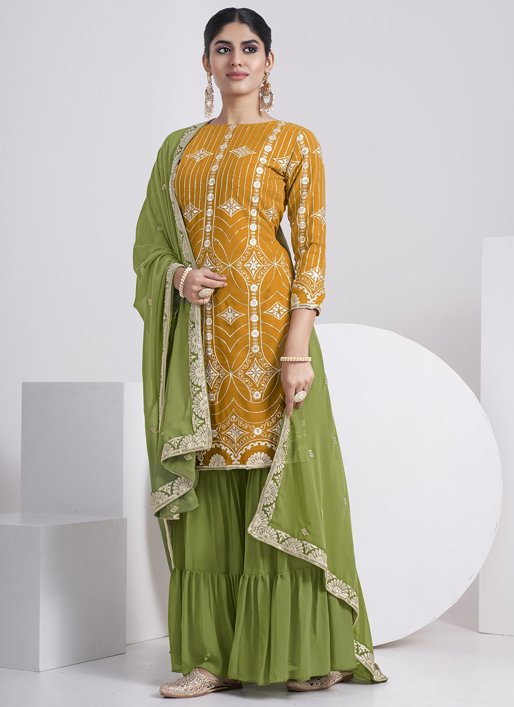 Sharara Set Faux Georgette Mustard Embroidered Salwar Kameez