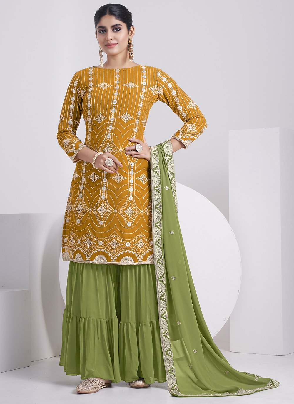 Sharara Set Faux Georgette Mustard Embroidered Salwar Kameez