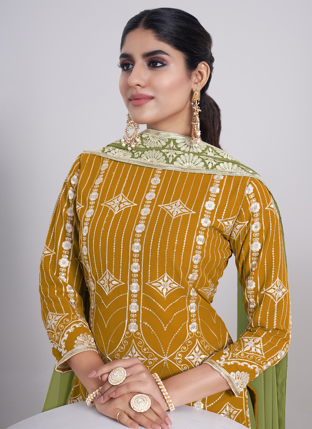 Sharara Set Faux Georgette Mustard Embroidered Salwar Kameez