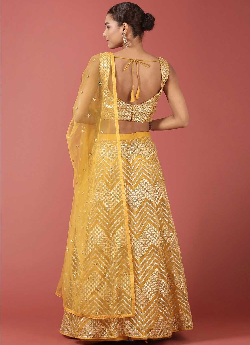 A Line Lehenga Net Mustard Embroidered Lehenga Choli