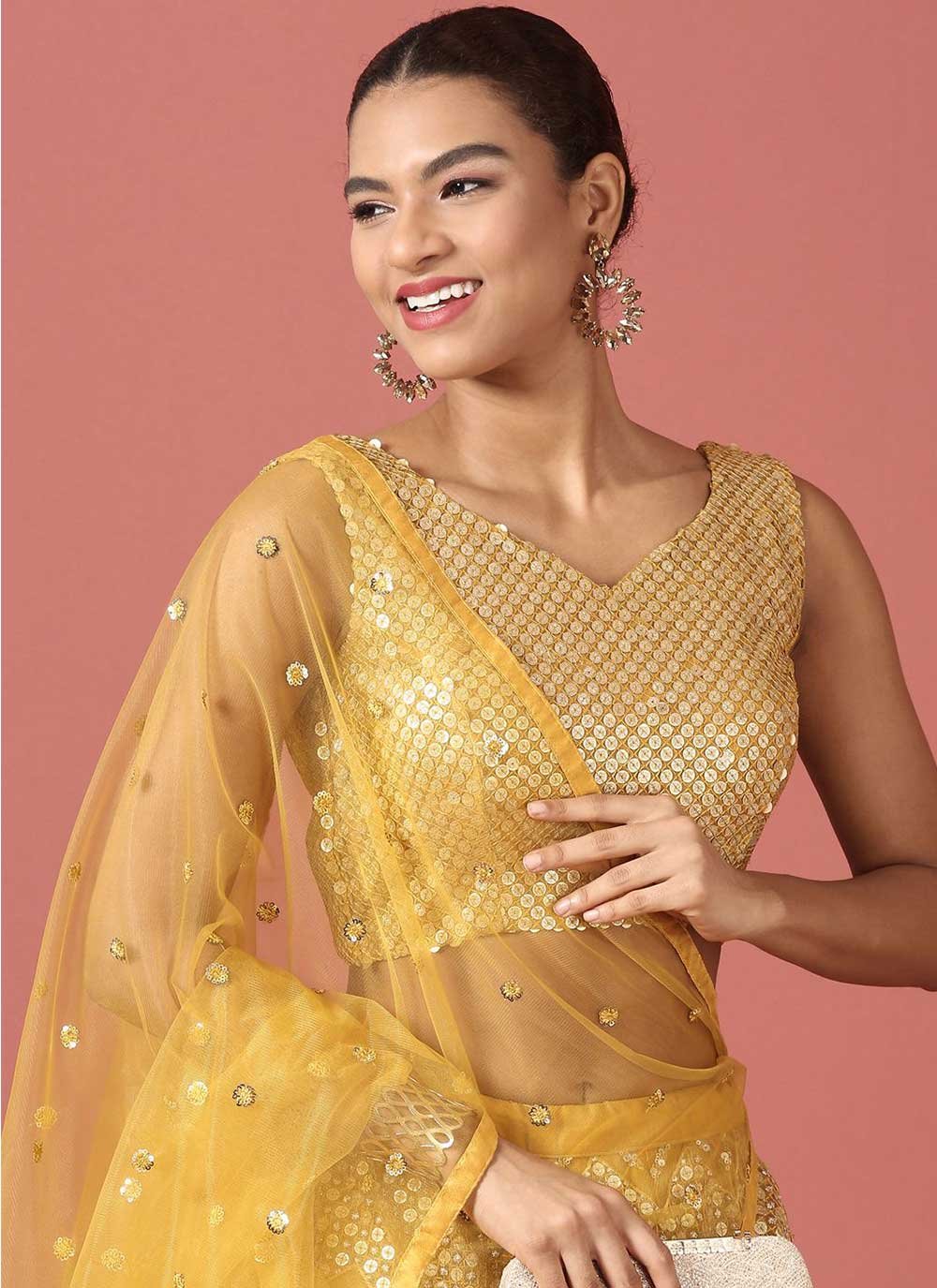 A Line Lehenga Net Mustard Embroidered Lehenga Choli