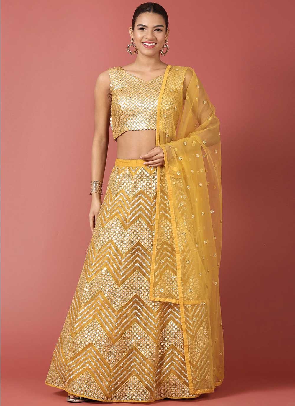 A Line Lehenga Net Mustard Embroidered Lehenga Choli