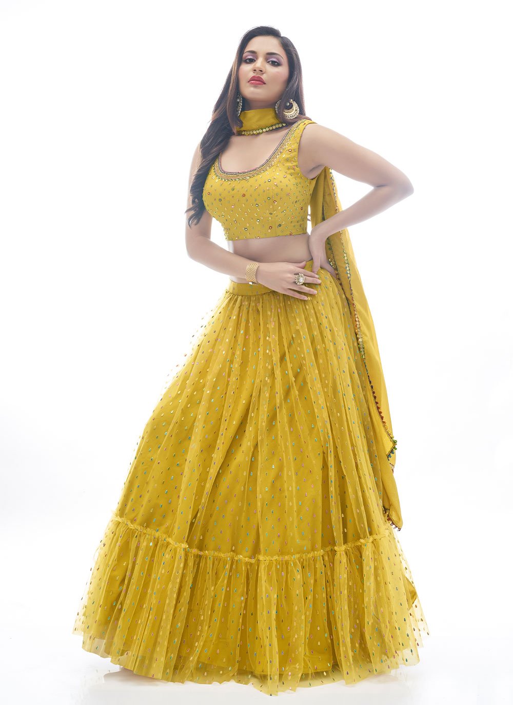 Readymade Lehenga Choli Net Mustard Hand Work Lehenga Choli