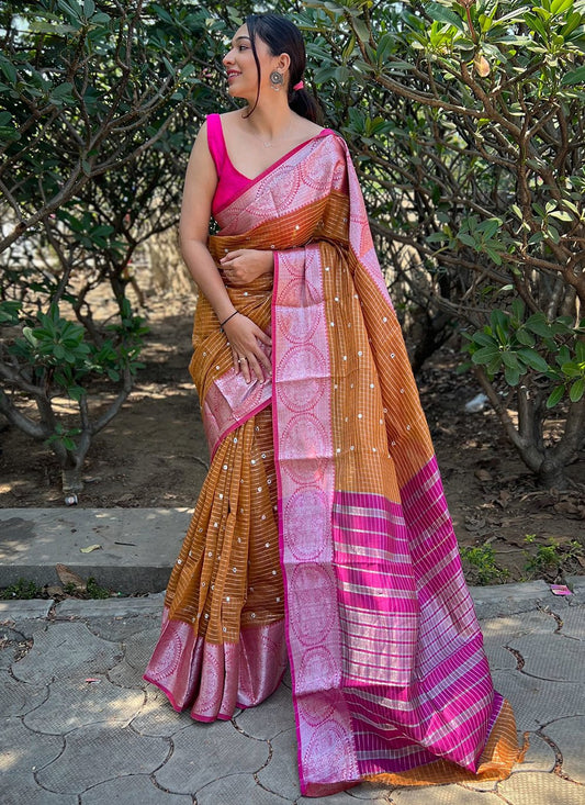 Classic Organza Mustard Jacquard Work Saree