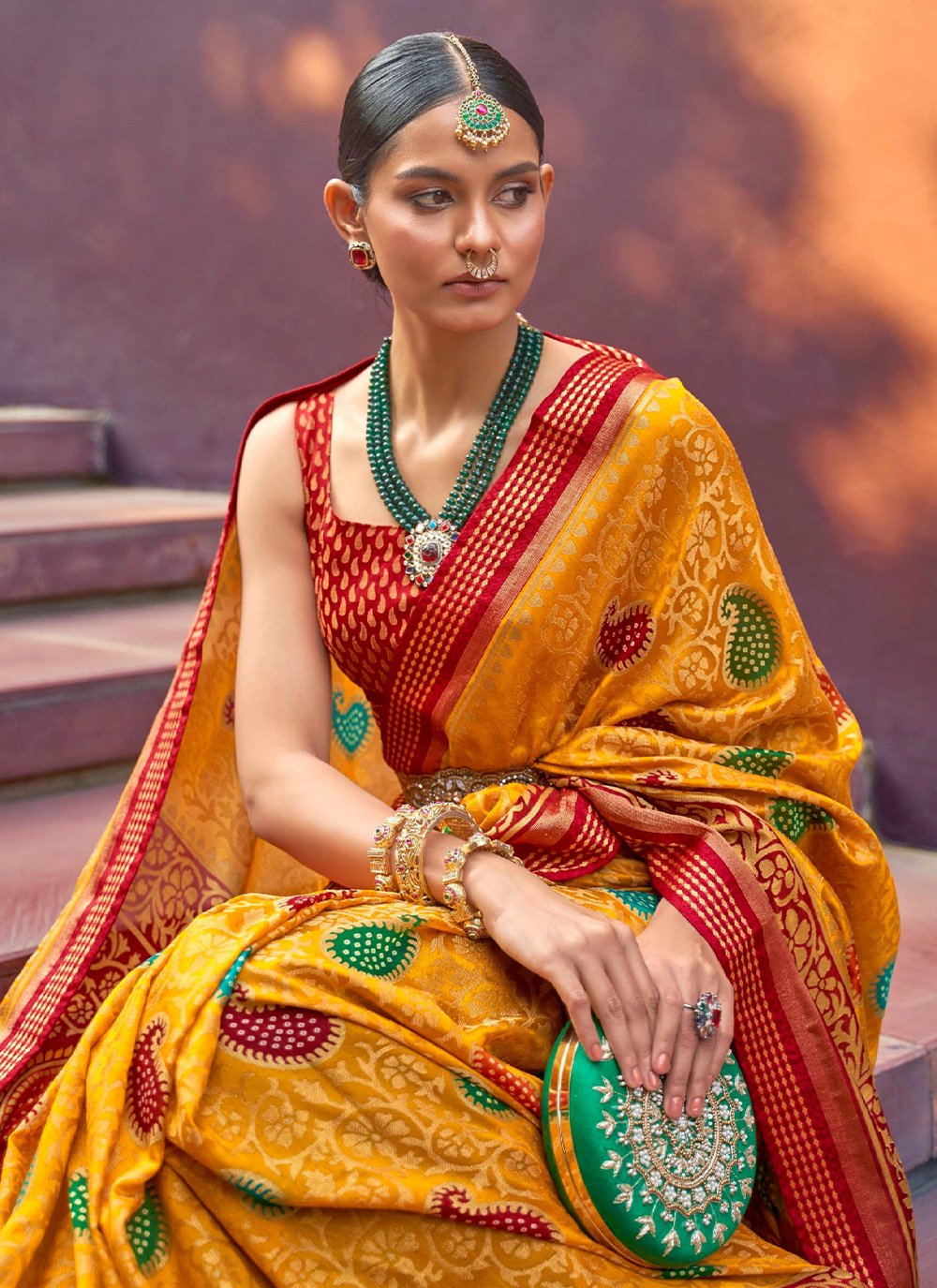 Contemporary Brasso Mustard Paisley Print Saree