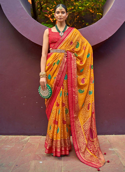 Contemporary Brasso Mustard Paisley Print Saree