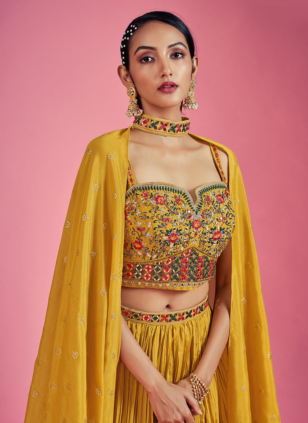 Lehenga Choli Chinon Mustard Cut Dana Lehenga Choli