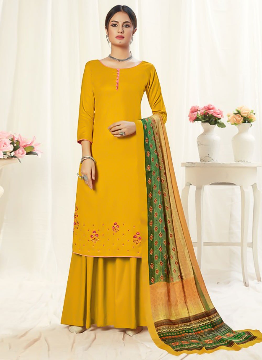 Palazzo Salwar Suit Pashmina Mustard Embroidered Salwar Kameez