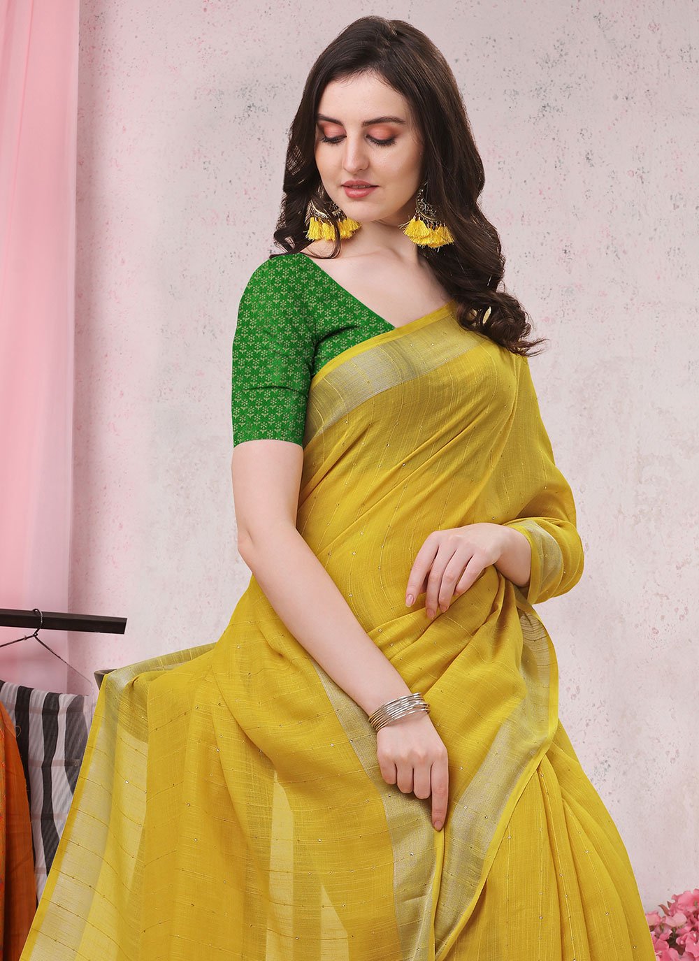 Contemporary Cotton Mustard Plain Saree