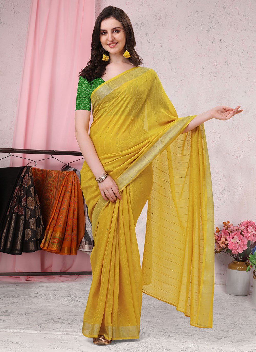 Contemporary Cotton Mustard Plain Saree