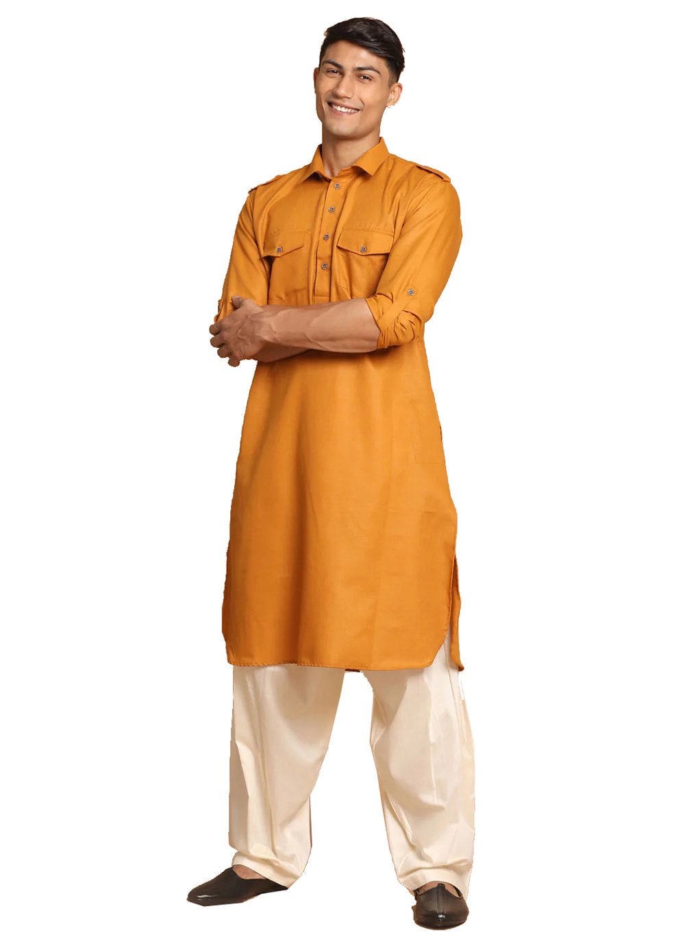 Kurta Pyjama Cotton Mustard Plain Mens