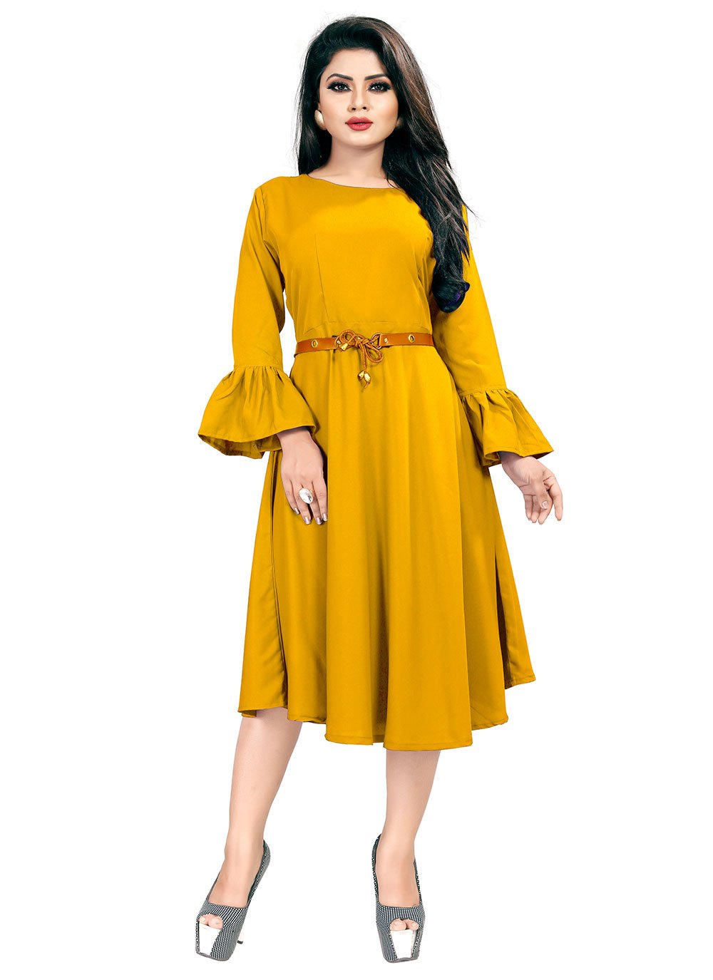 Party Wear Kurti Rayon Mustard Plain Kurtis