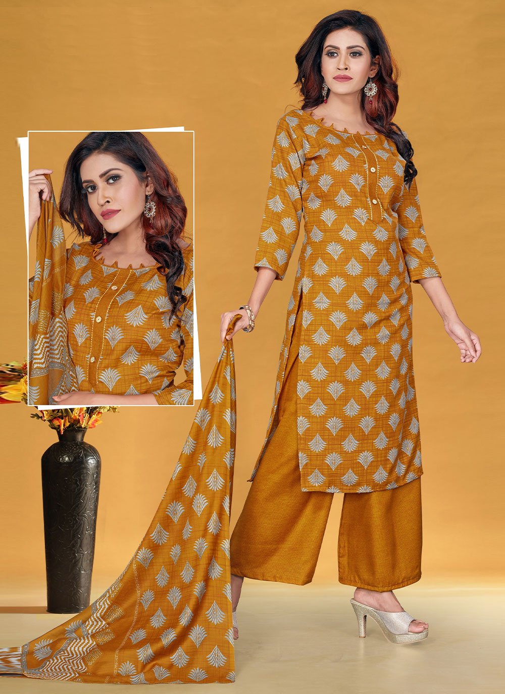 Salwar Suit Cotton Mustard Print Salwar Kameez