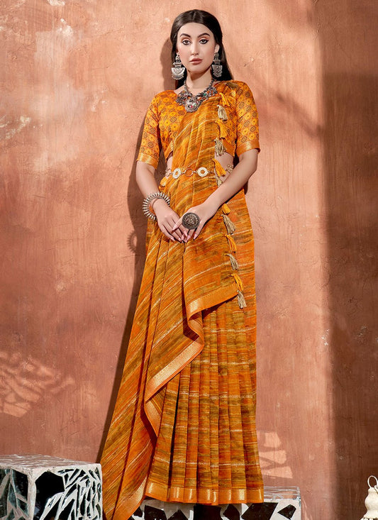 Contemporary Cotton Mustard Print Saree