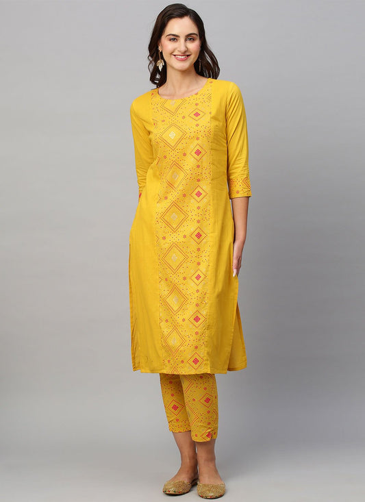 Designer Kurti Cotton Mustard Print Kurtis