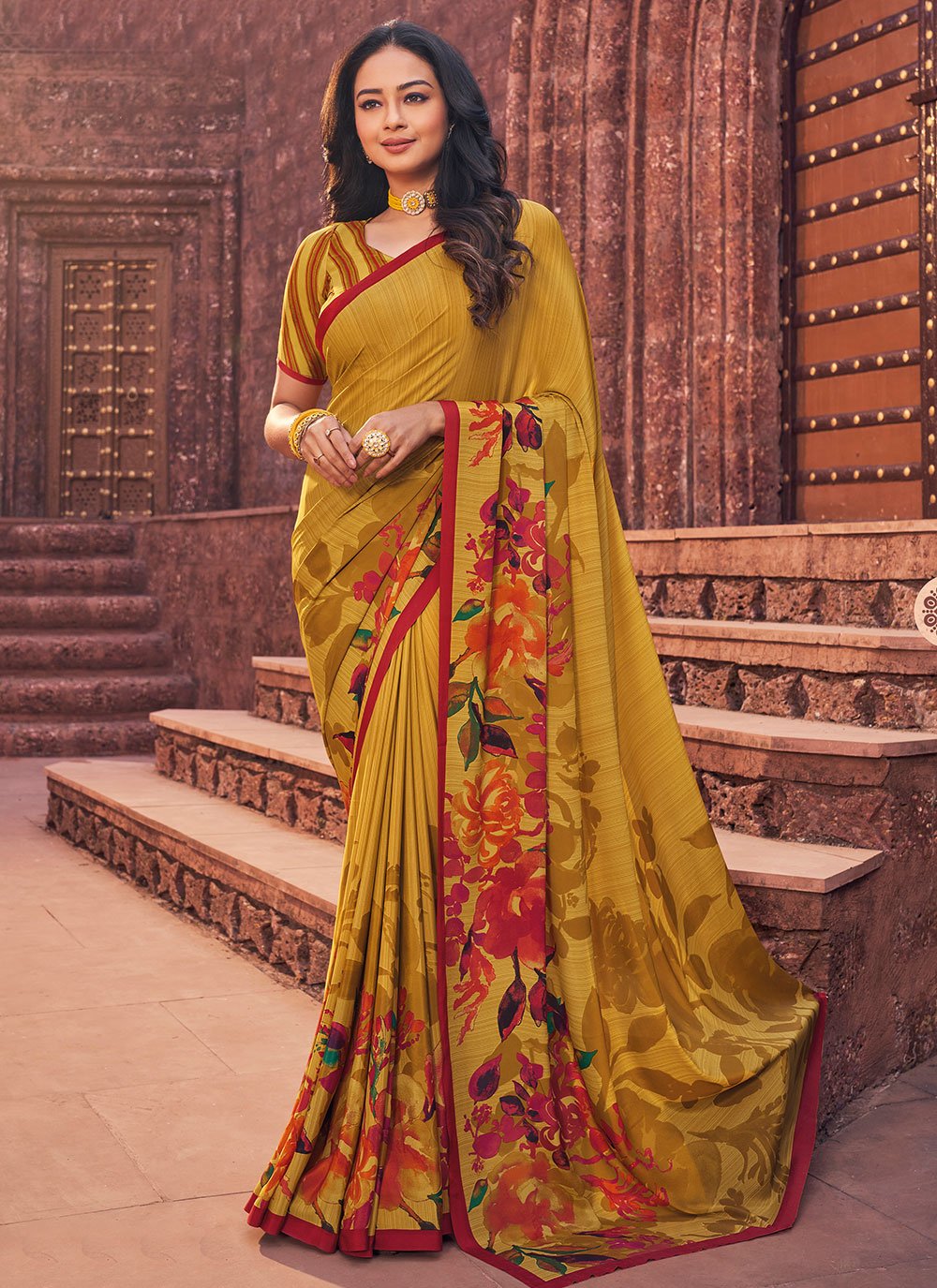 Trendy Saree Faux Crepe Mustard Print Saree