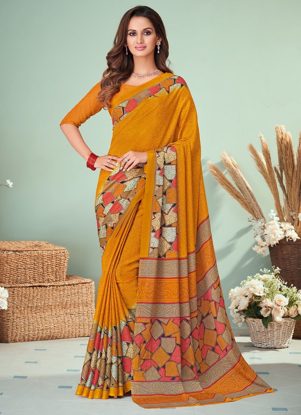 Designer Georgette Mustard Print Saree