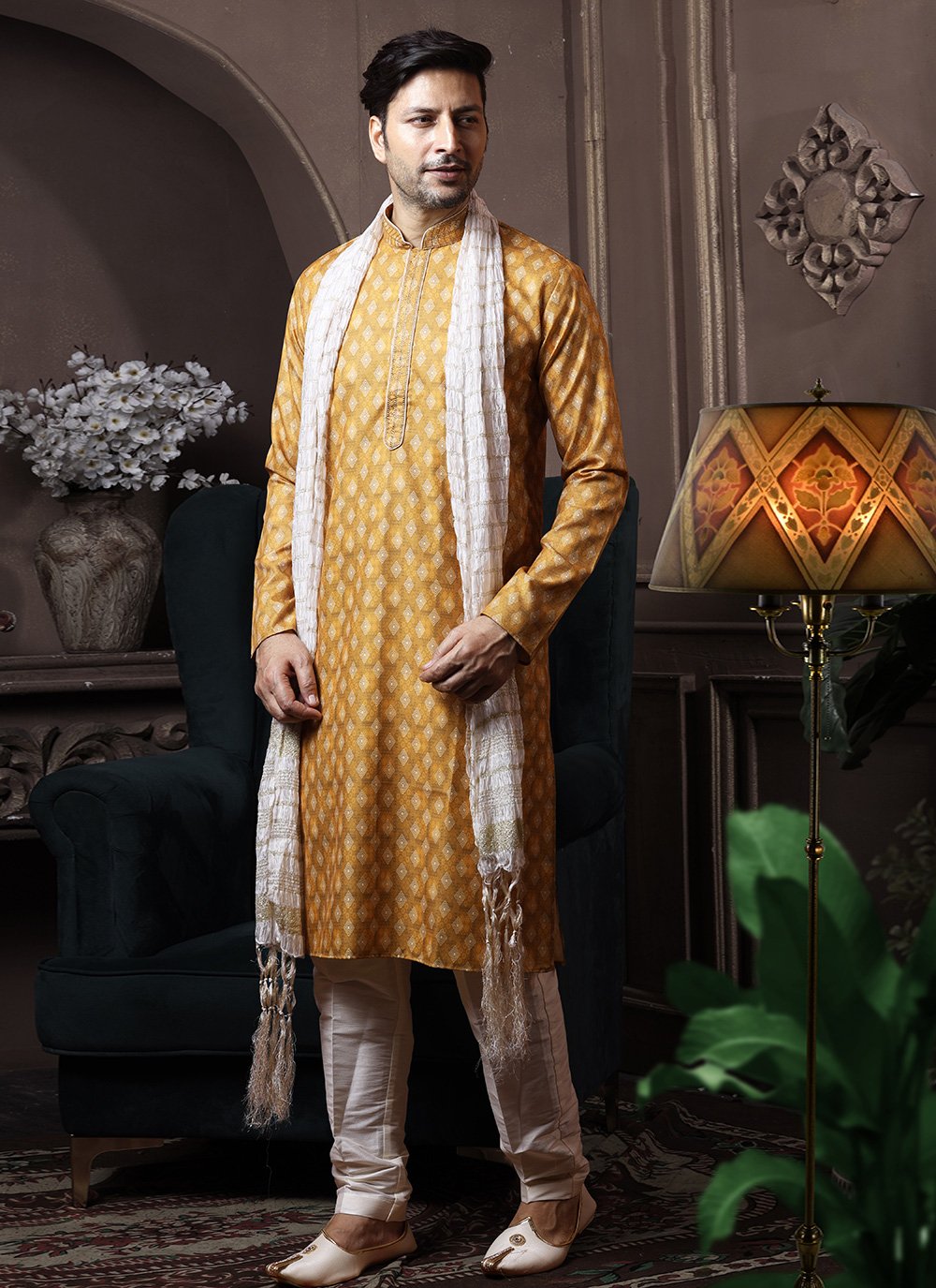 Kurta Pyjama Cotton Mustard Print Mens