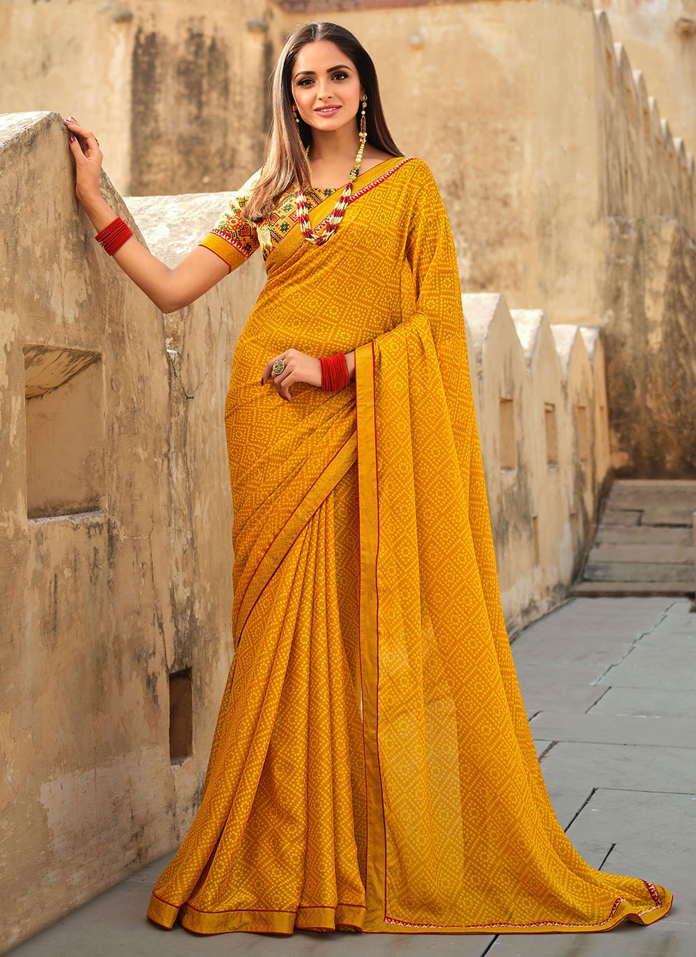 Classic Georgette Mustard Lace Saree