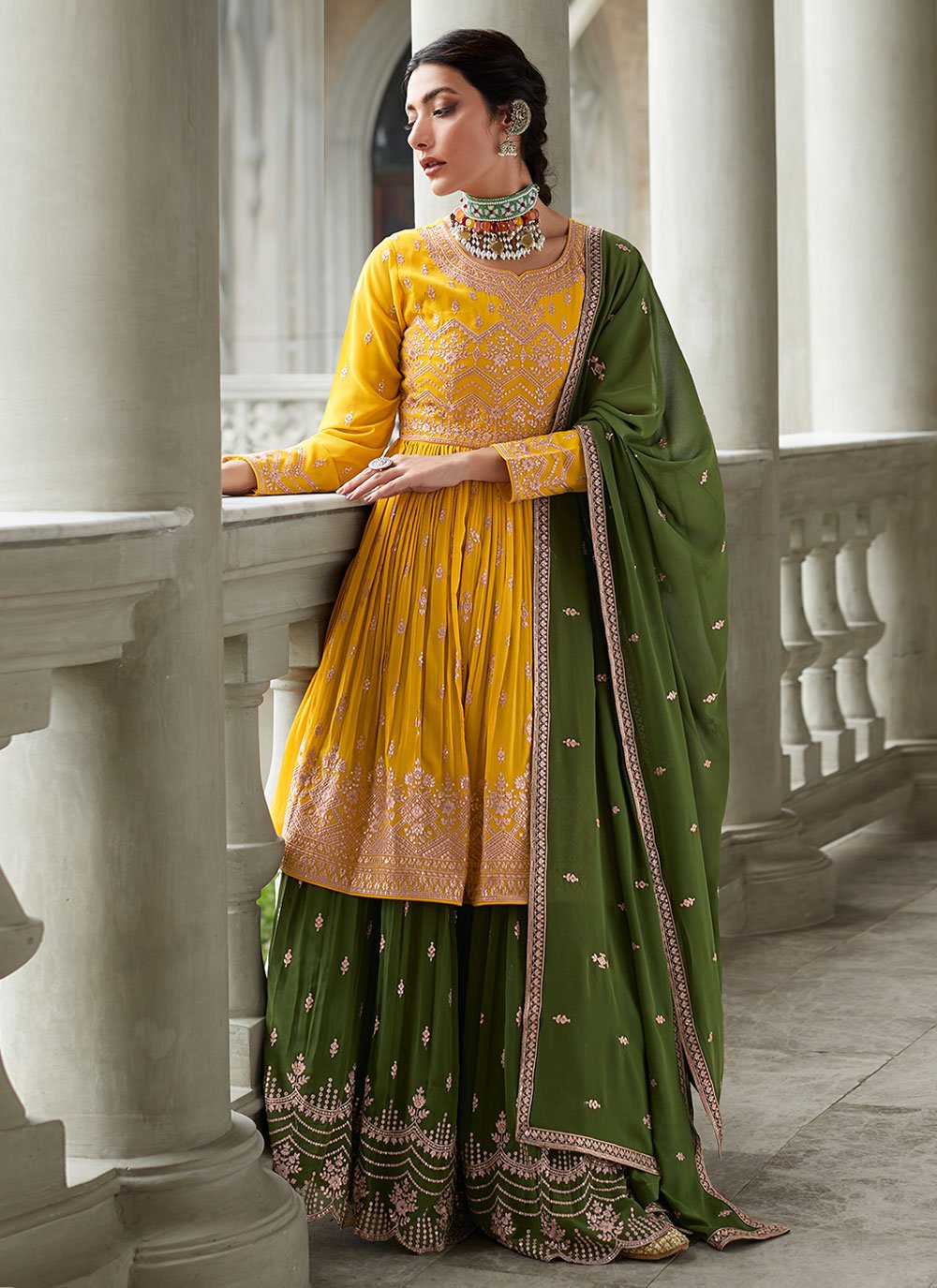 A Line Lehenga Georgette Mustard Embroidered Lehenga Choli