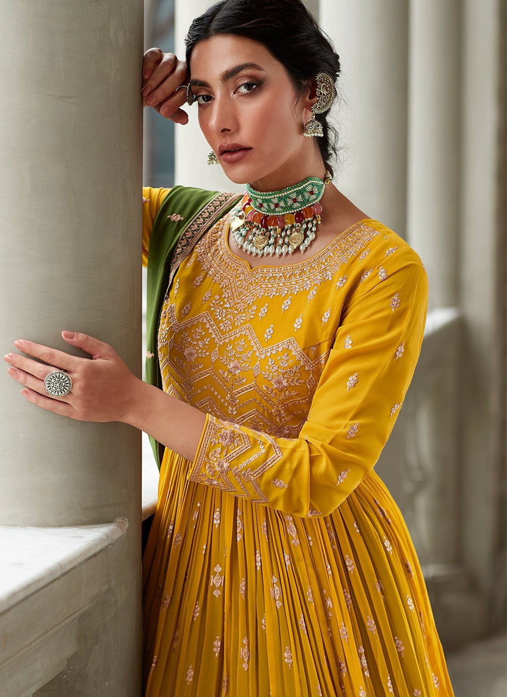 A Line Lehenga Georgette Mustard Embroidered Lehenga Choli