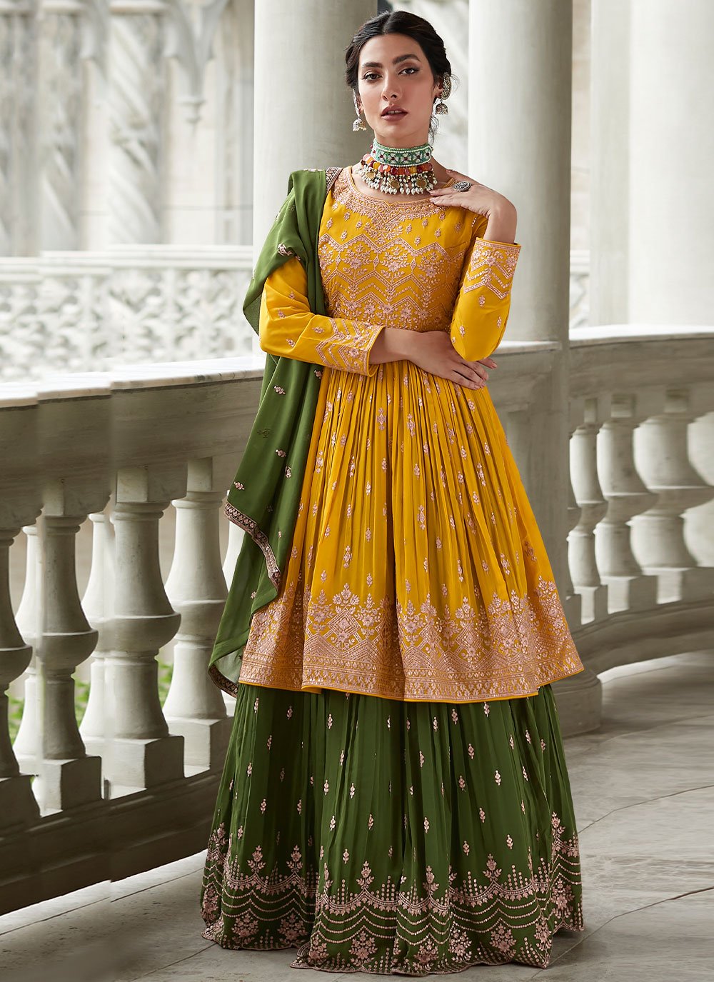 A Line Lehenga Georgette Mustard Embroidered Lehenga Choli