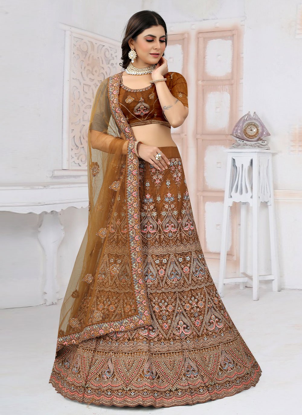 Readymade Lehenga Choli Net Mustard Embroidered Lehenga Choli