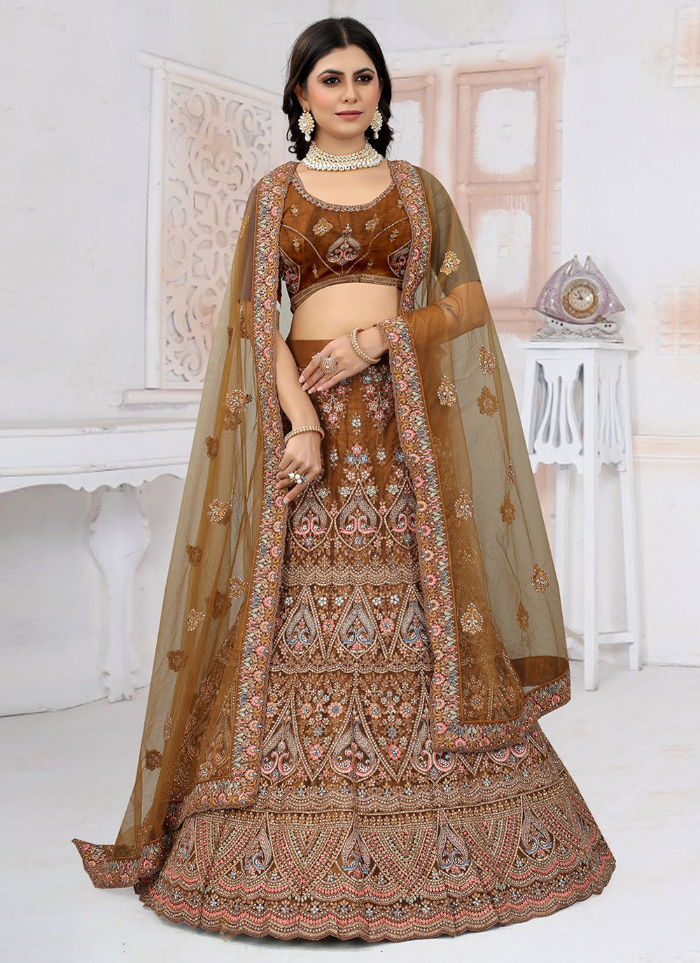 Readymade Lehenga Choli Net Mustard Embroidered Lehenga Choli