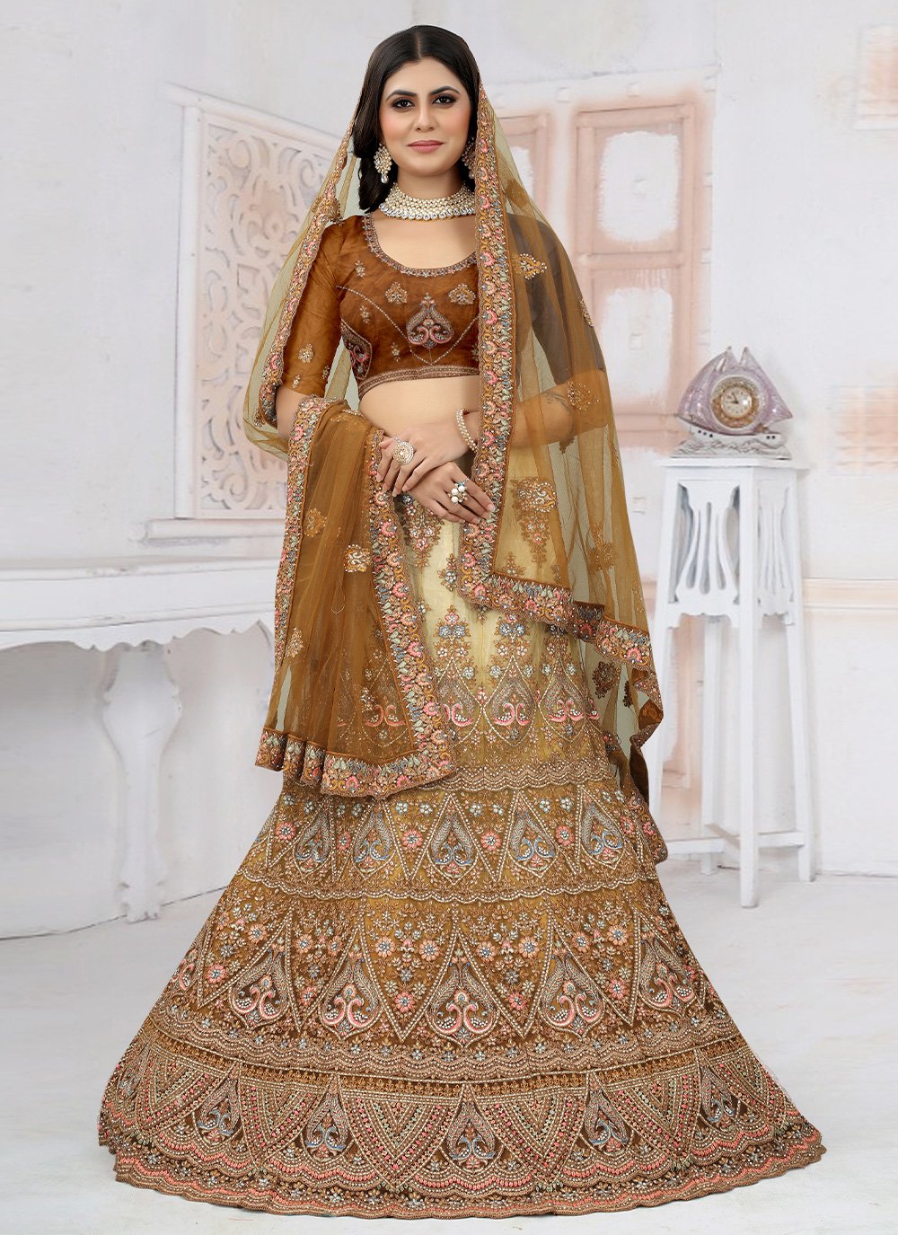 Lehenga Choli Net Mustard Embroidered Lehenga Choli