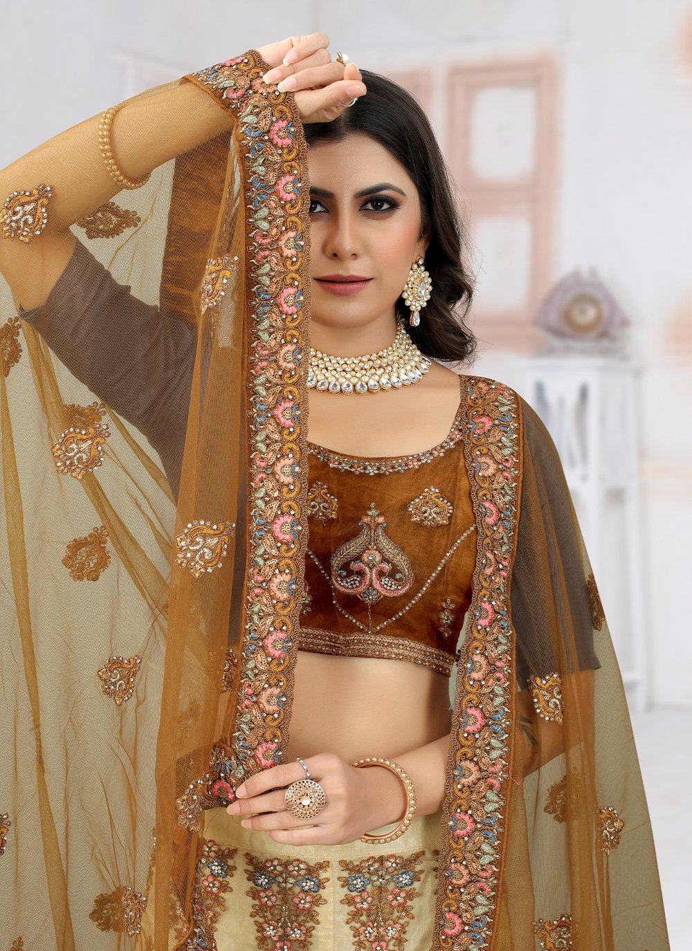 Lehenga Choli Net Mustard Embroidered Lehenga Choli