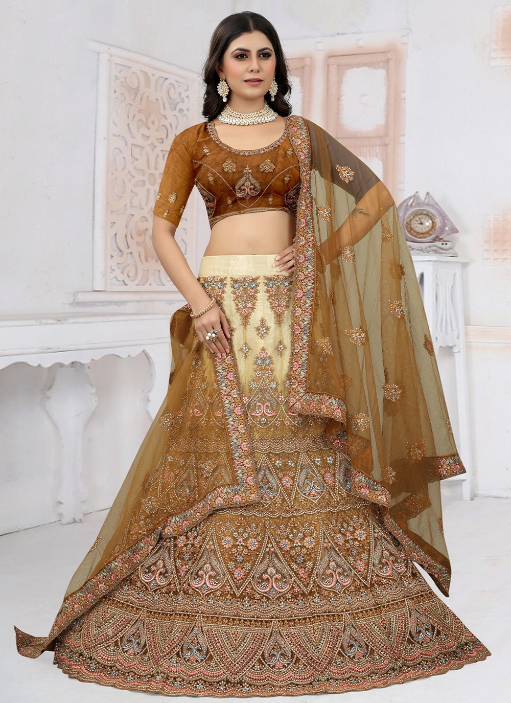 Lehenga Choli Net Mustard Embroidered Lehenga Choli