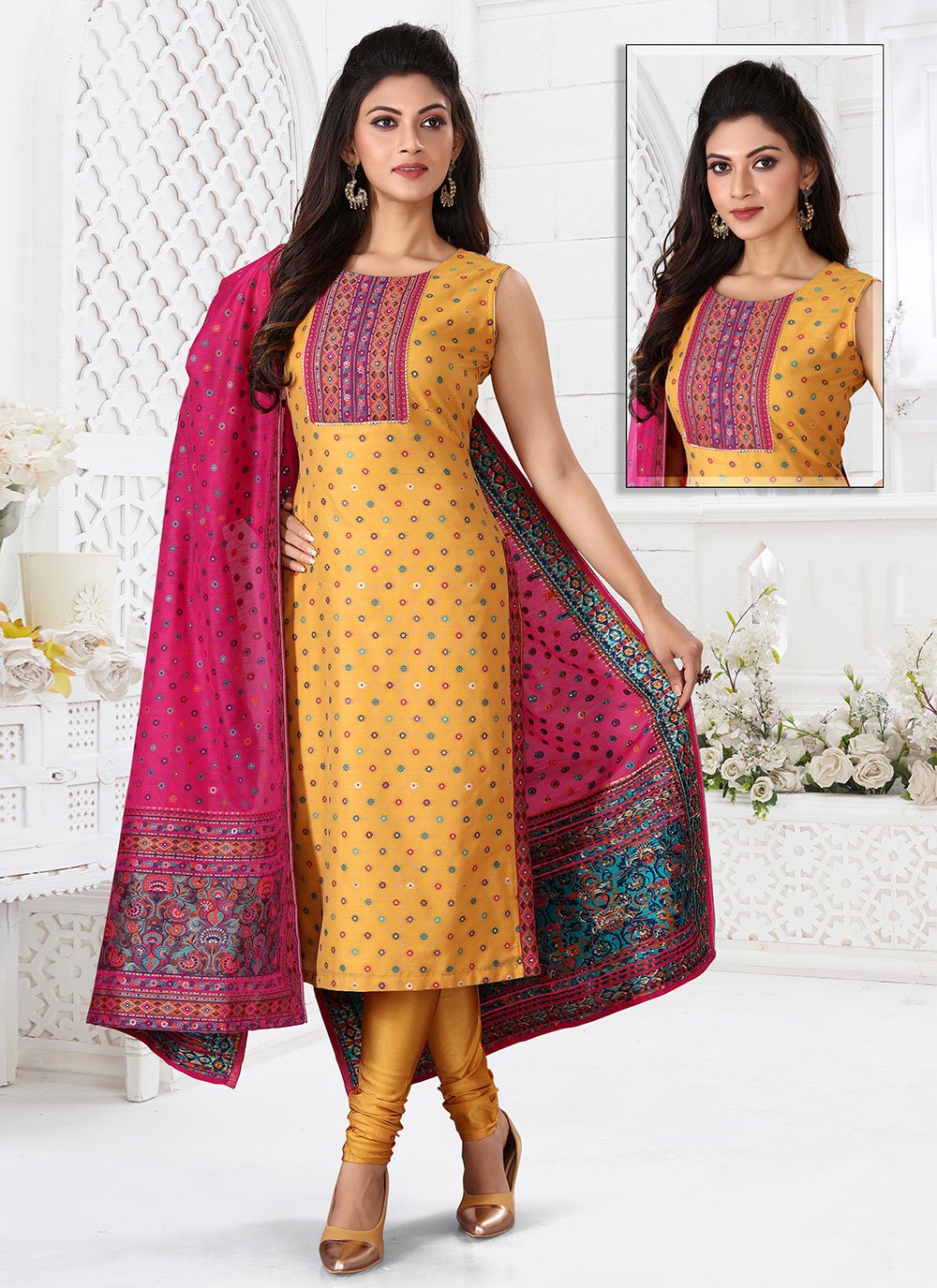 Churidar Suit Silk Mustard Embroidered Salwar Kameez