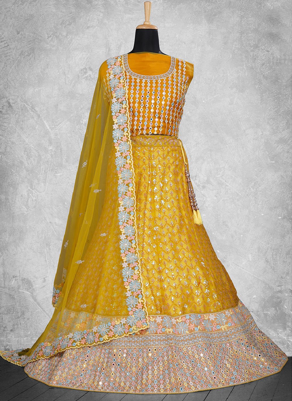 Lehenga Choli Net Satin Silk Mustard Embroidered Lehenga Choli