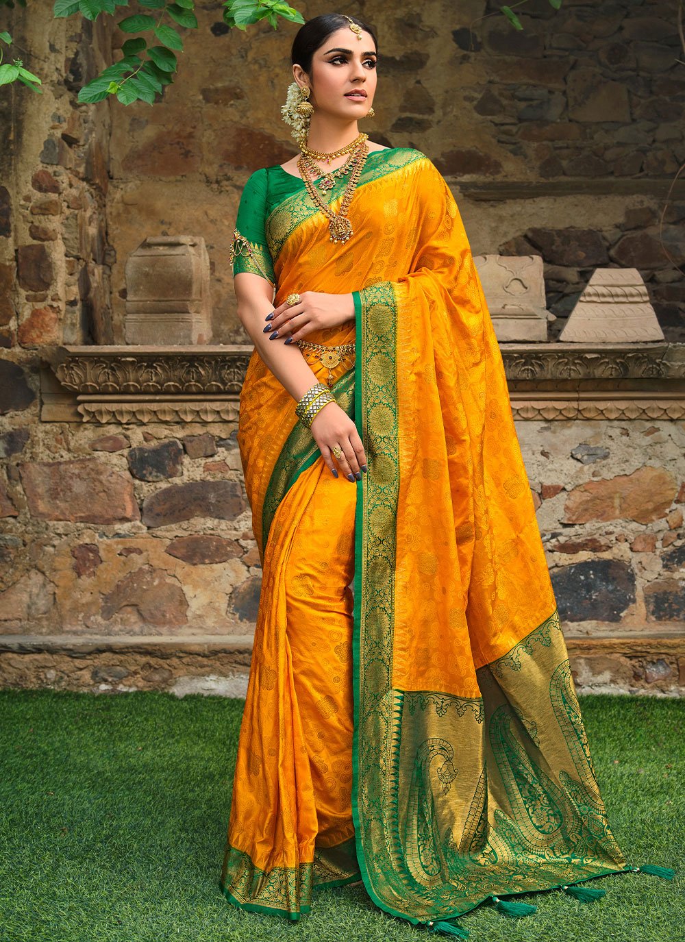 Classic Satin Silk Mustard Patch Border Saree