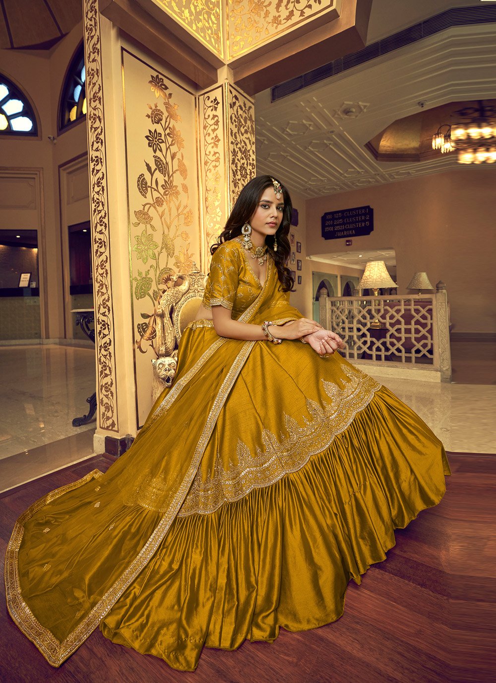 A Line Lehenga Satin Silk Mustard Embroidered Lehenga Choli