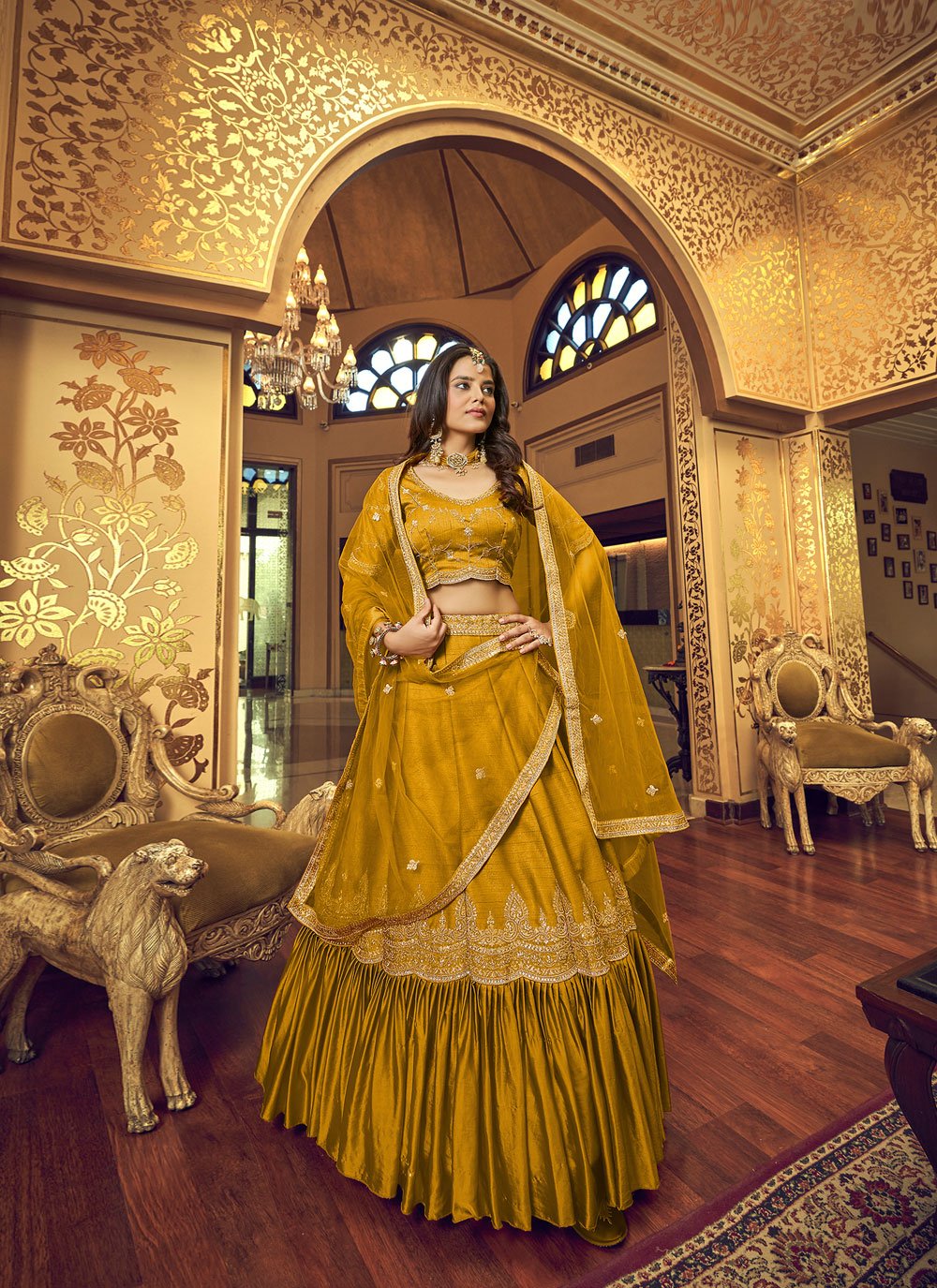 A Line Lehenga Satin Silk Mustard Embroidered Lehenga Choli